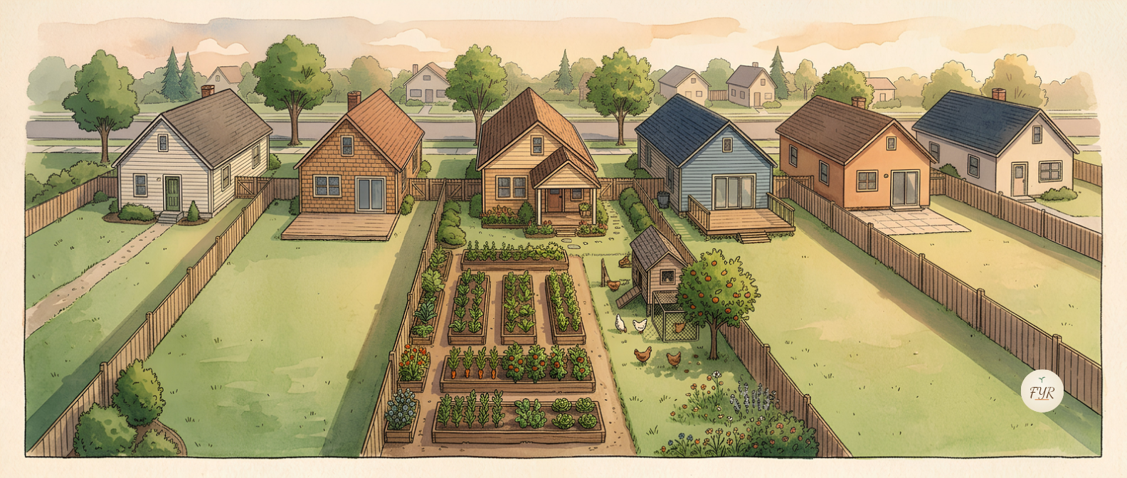 An aerial illustration of a suburban street where one backyard has been transformed into a small homestead