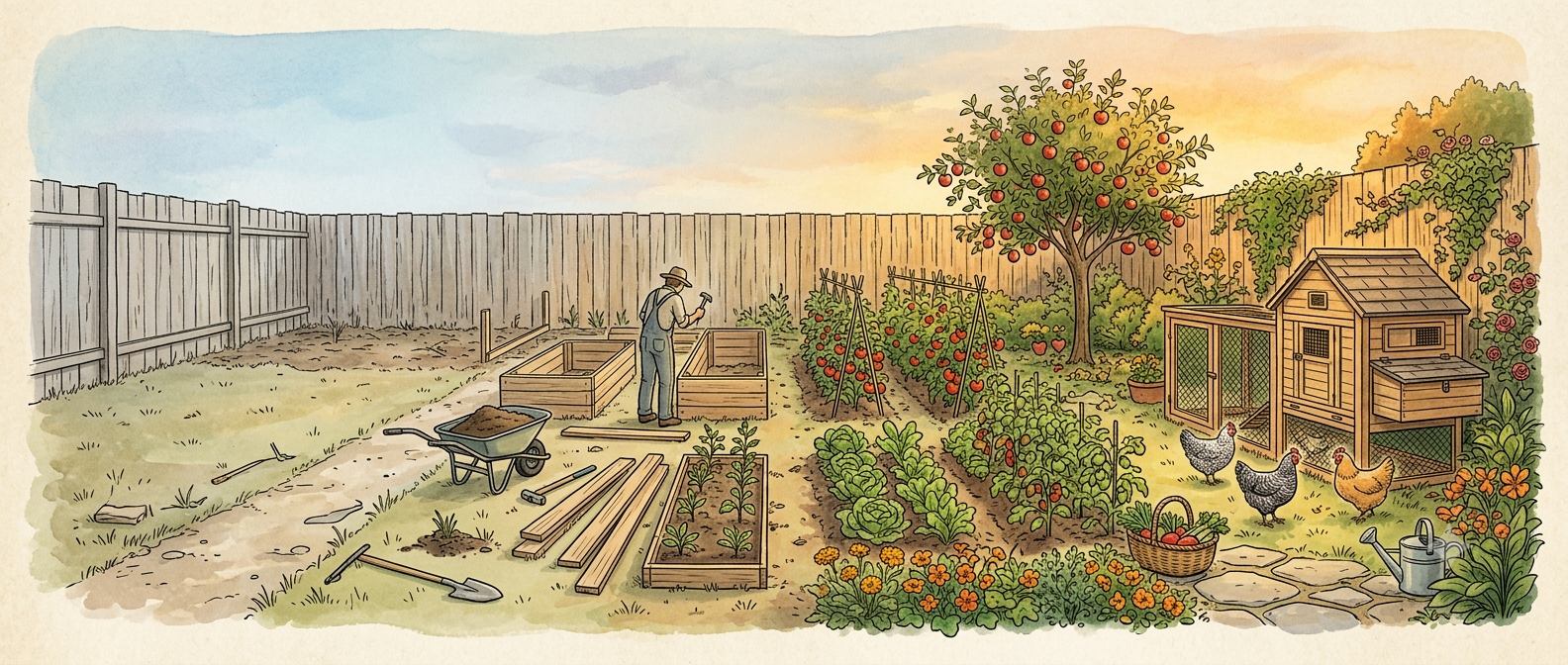 A suburban backyard transforming from empty lawn into a thriving vegetable garden with fruit trees and chickens